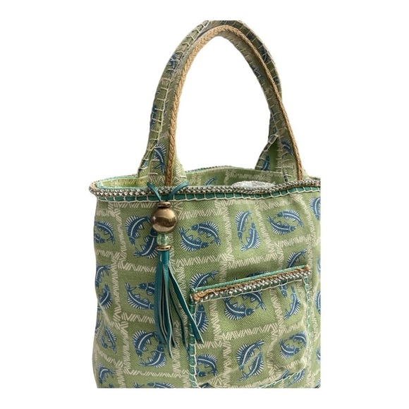 Sigrid Olsen Green tote with Blue fish pattern vintage. Canvas, Rhinestones - Picture 4 of 13